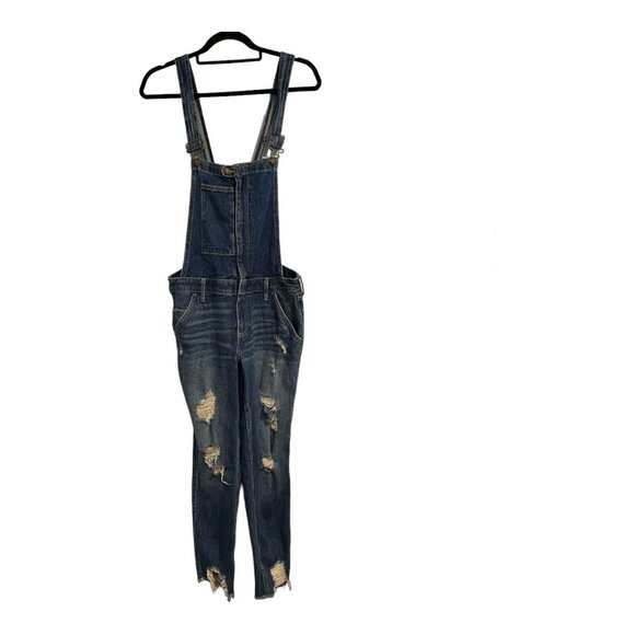 Hollister Denim Overalls Womens S Bib Distressed Tapered Leg Dark Wash 90s Y2K - Picture 1 of 9